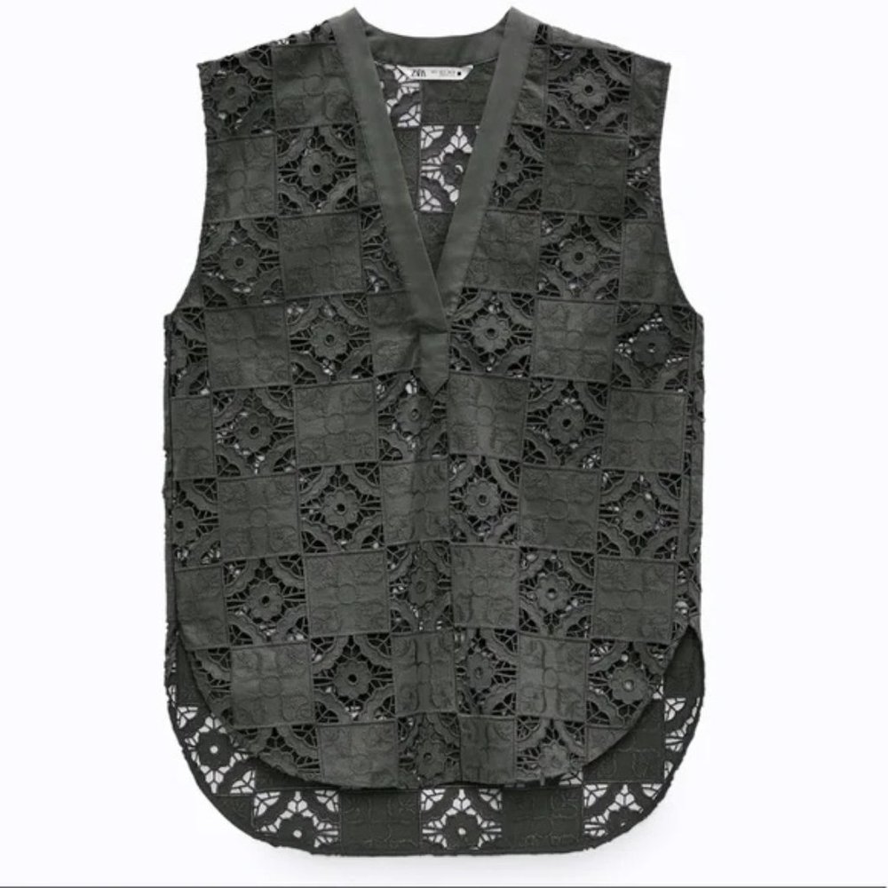 Zara Openwork Embroidered Khaki Top NEW